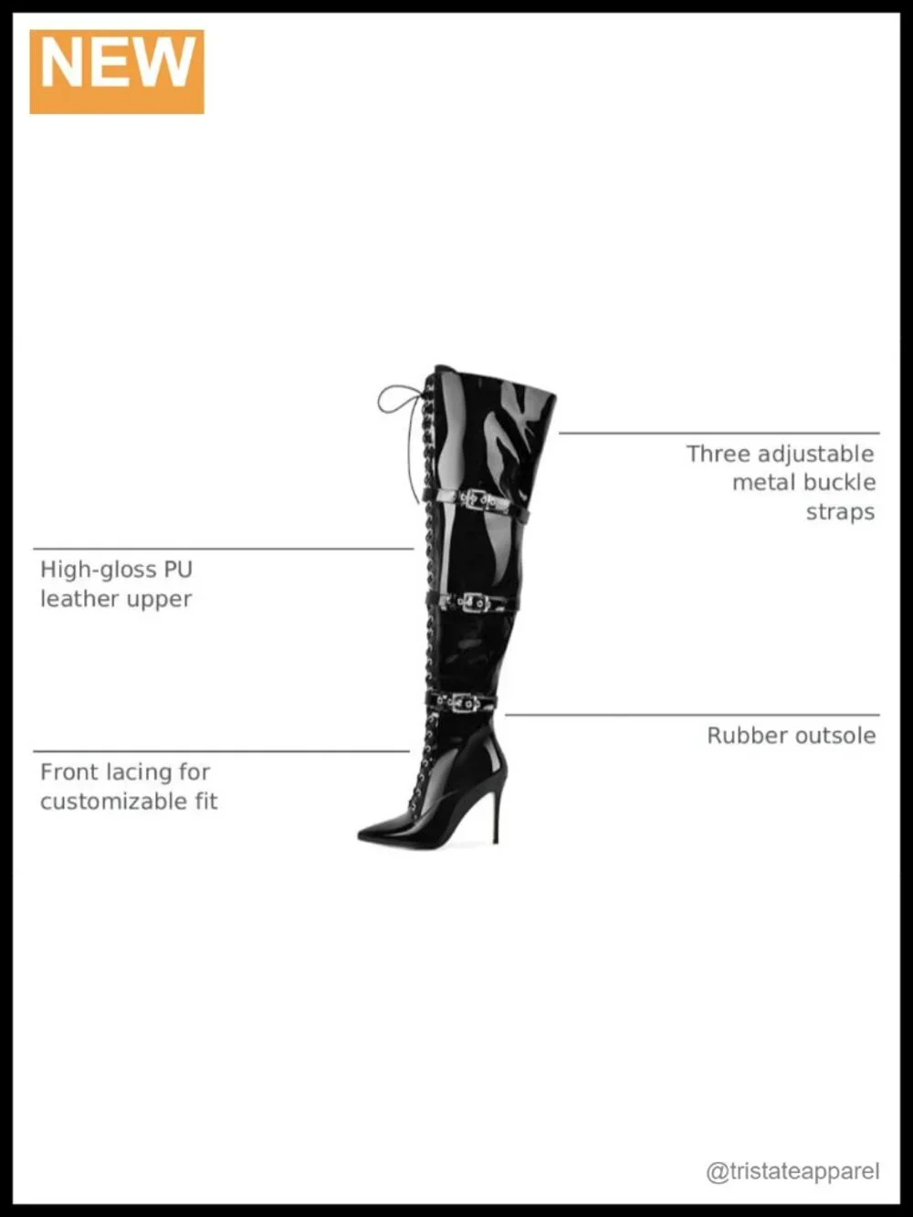 Thigh High Stiletto Boots Pointed Toe Adjustable Laces Metal Buckles Zipper